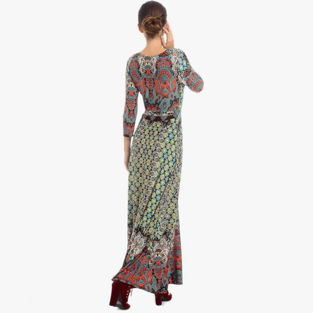 Moroccan Boho Faux Wrap Maxi Dress 🌿 | V-Neck | Belted | Statement Print - Picture 6 of 15
